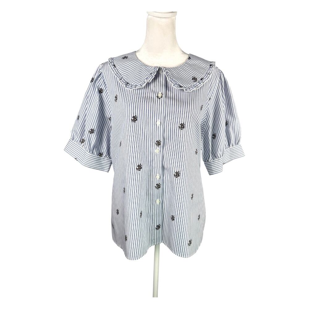 Lands End Women's L Cotton Puff Sleeve Statement Collar Shirt Blue White Stripe - Picture 4 of 15